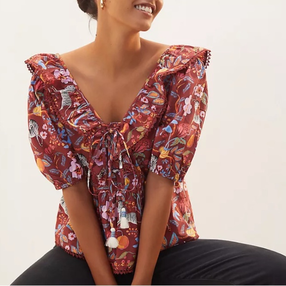 Anthropologie Maeve Ruffled Zebra Floral Tassel Tie Top